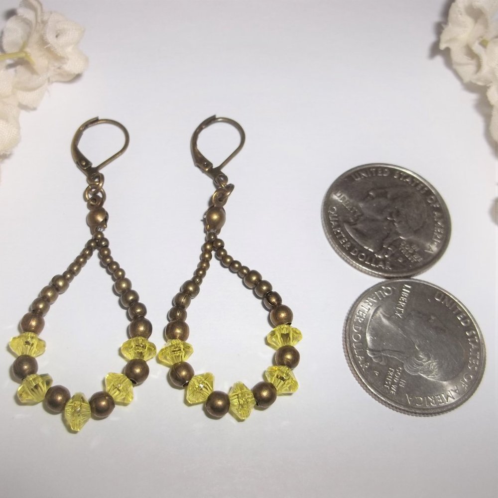 Boho Hoop Earrings Brown Bronze and Yellow Beaded Dangle Teardrop Accessory 7036 - Picture 2 of 8